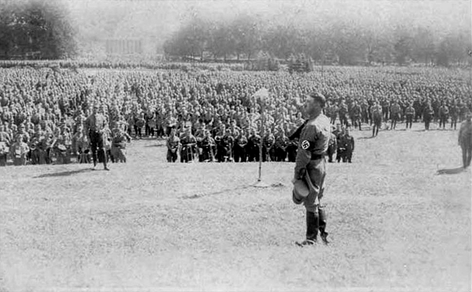 Adolf Hitler gives a speech in front of the SA in Luitpoldhain for the 1929 Reichsparteitag